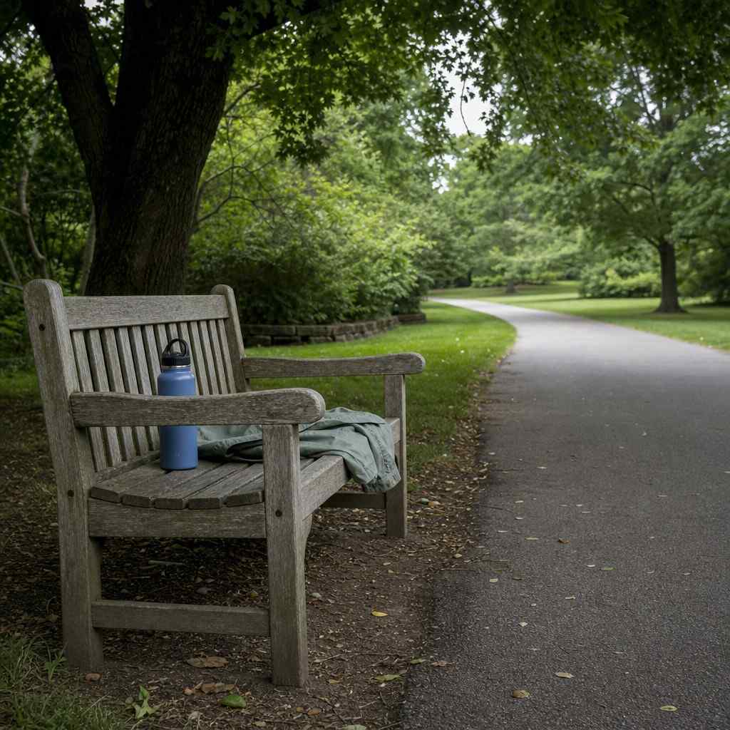 An empty wooden park bench beside a shaded gravel-free path with a water bottle resting on it