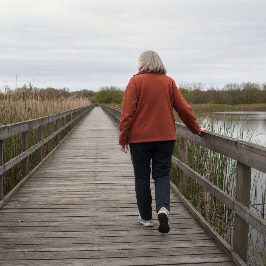 A wooden boardwalk over a wetland with a person walking slowly, marsh grasses on both sides