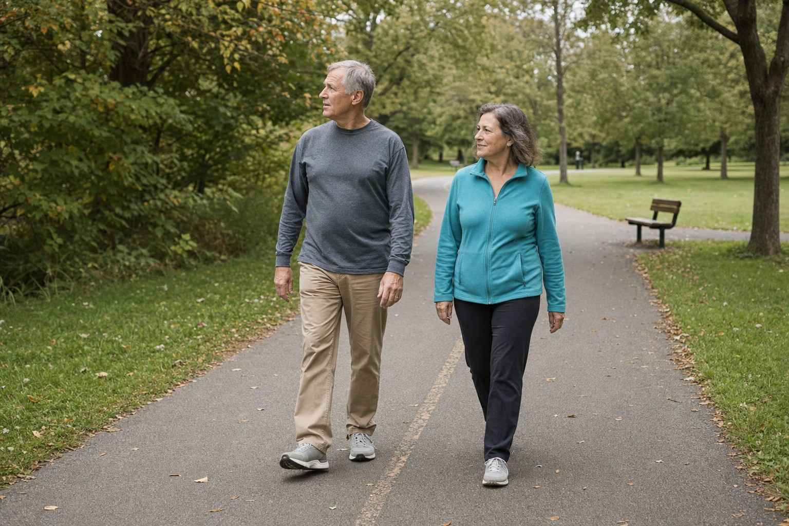 An older couple walking side by side along a flat paved path in a green local park on an overcast morning