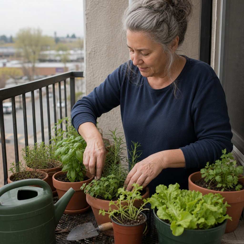 Older adult hands arranging potted herbs on a small apartment balcony with simple containers
