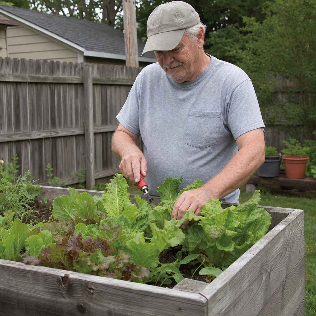 An older man tending leafy greens in a waist-high raised garden bed while standing, no kneeling required