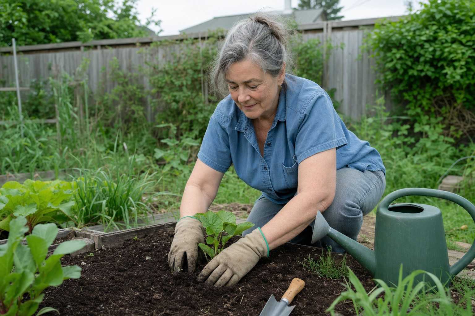 An older woman in a plain shirt and gardening gloves planting seedlings in a backyard garden bed under soft overcast light