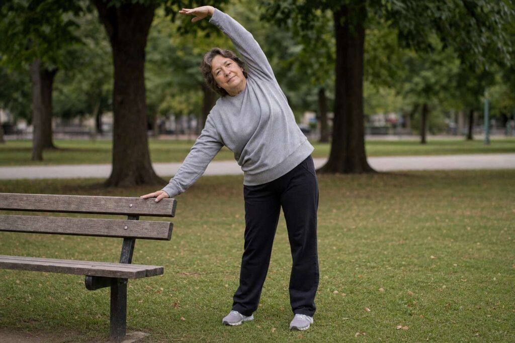 An older adult doing a gentle standing side bend beside a park bench on level grass