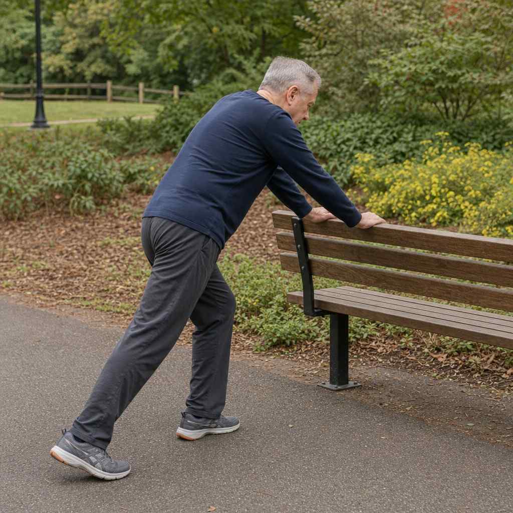 An older adult doing a supported calf stretch with both hands on a park bench