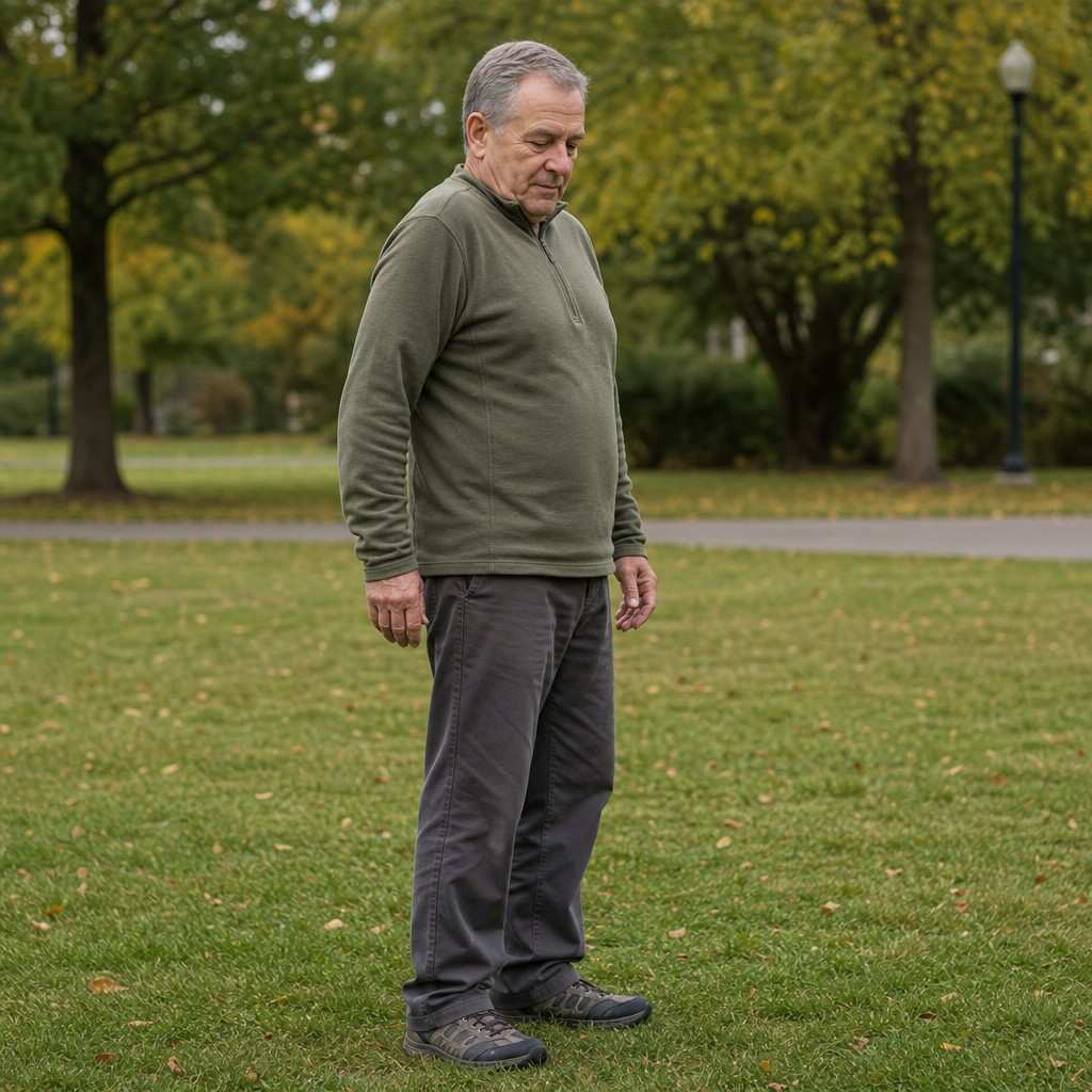 An older adult doing a relaxed shoulder roll standing on grass in a park
