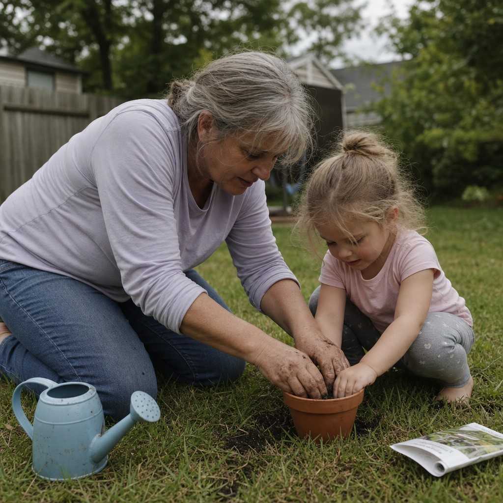A grandparent and young grandchild planting seeds together in a small pot in a backyard
