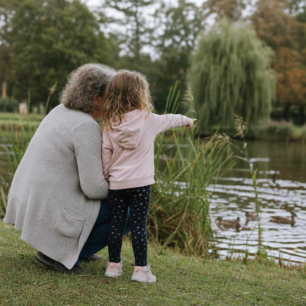 A grandparent and grandchild crouched at the edge of a calm pond watching ducks and birds together