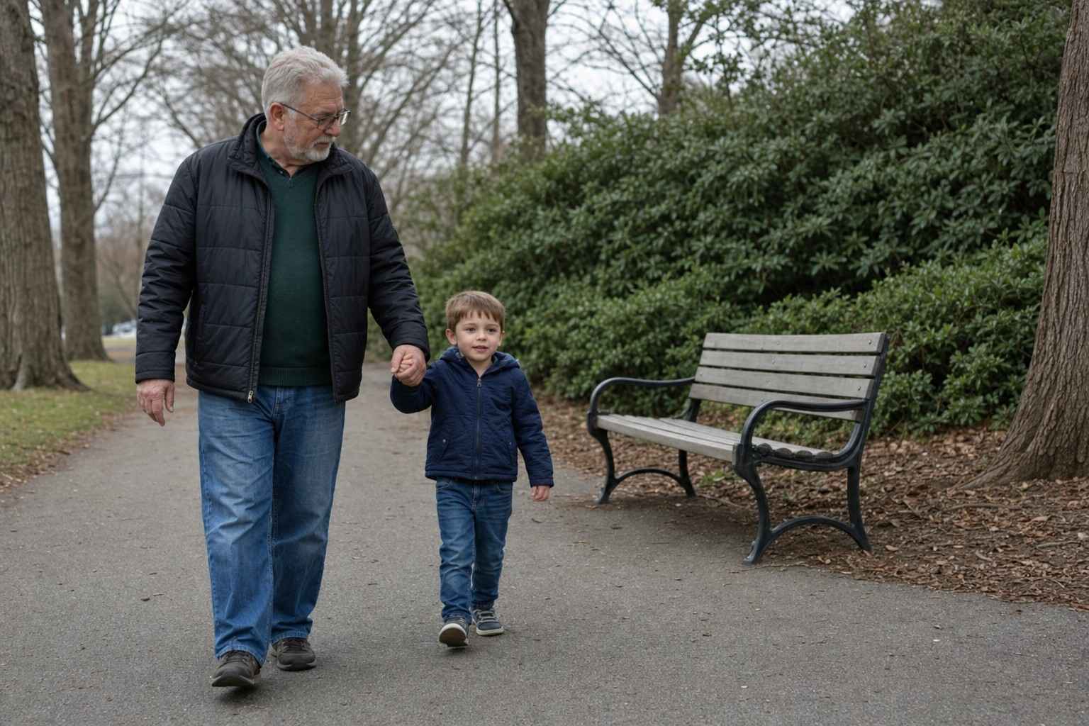 A grandparent and a young grandchild walking together along a flat paved path in a US park under soft overcast light