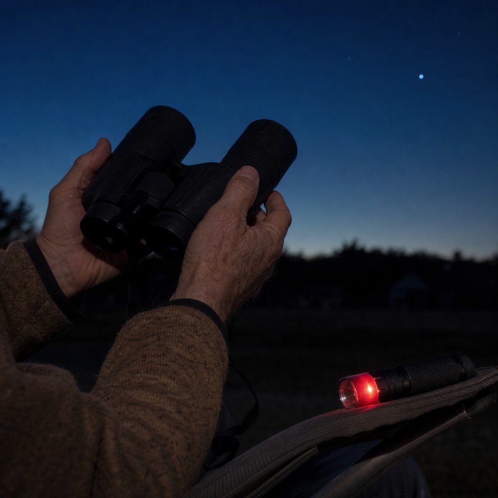 Close view of an older adult's hands holding a pair of ordinary binoculars at dusk, with a small red flashlight resting nearby on a chair arm