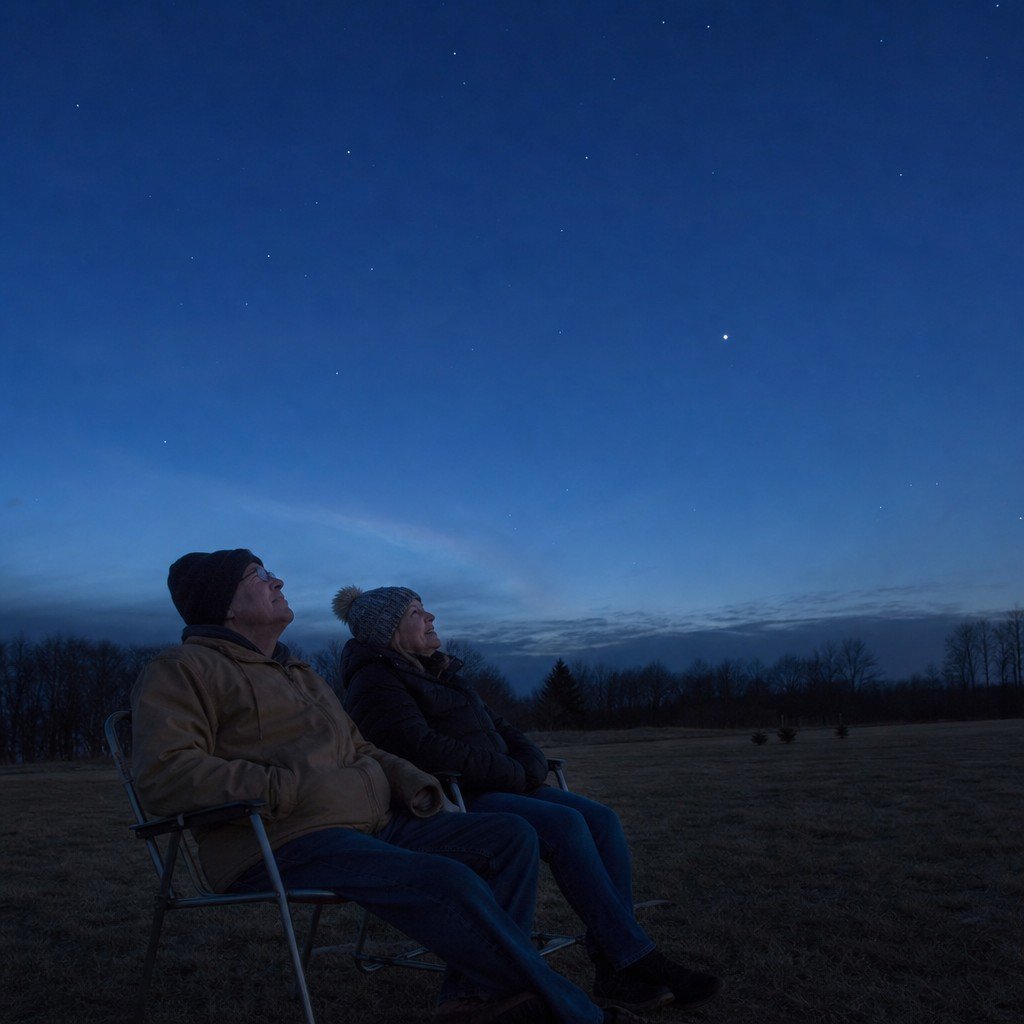 Two older adults in warm layers sit side by side in folding chairs in an open field at dusk, looking up at a darkening sky