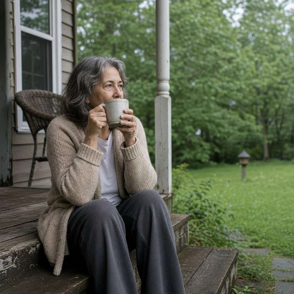 A woman drinking morning coffee on a back porch step, holding a mug with both hands, looking out at the yard