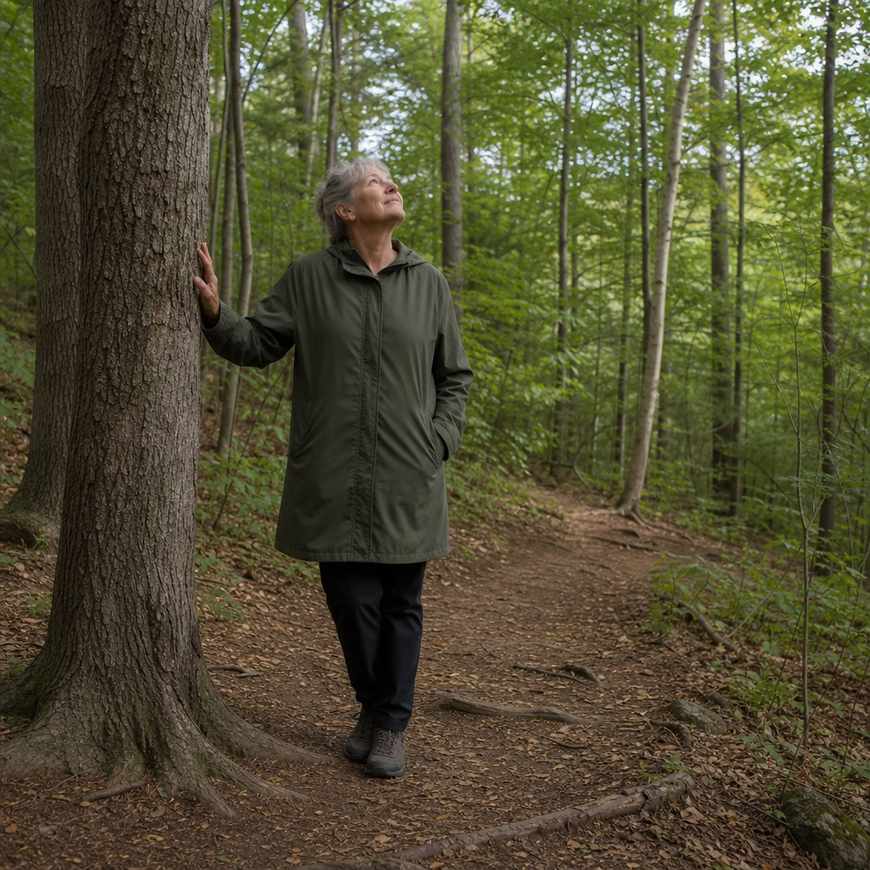 An older woman standing quietly among trees on a soft woodland path, looking up into the canopy