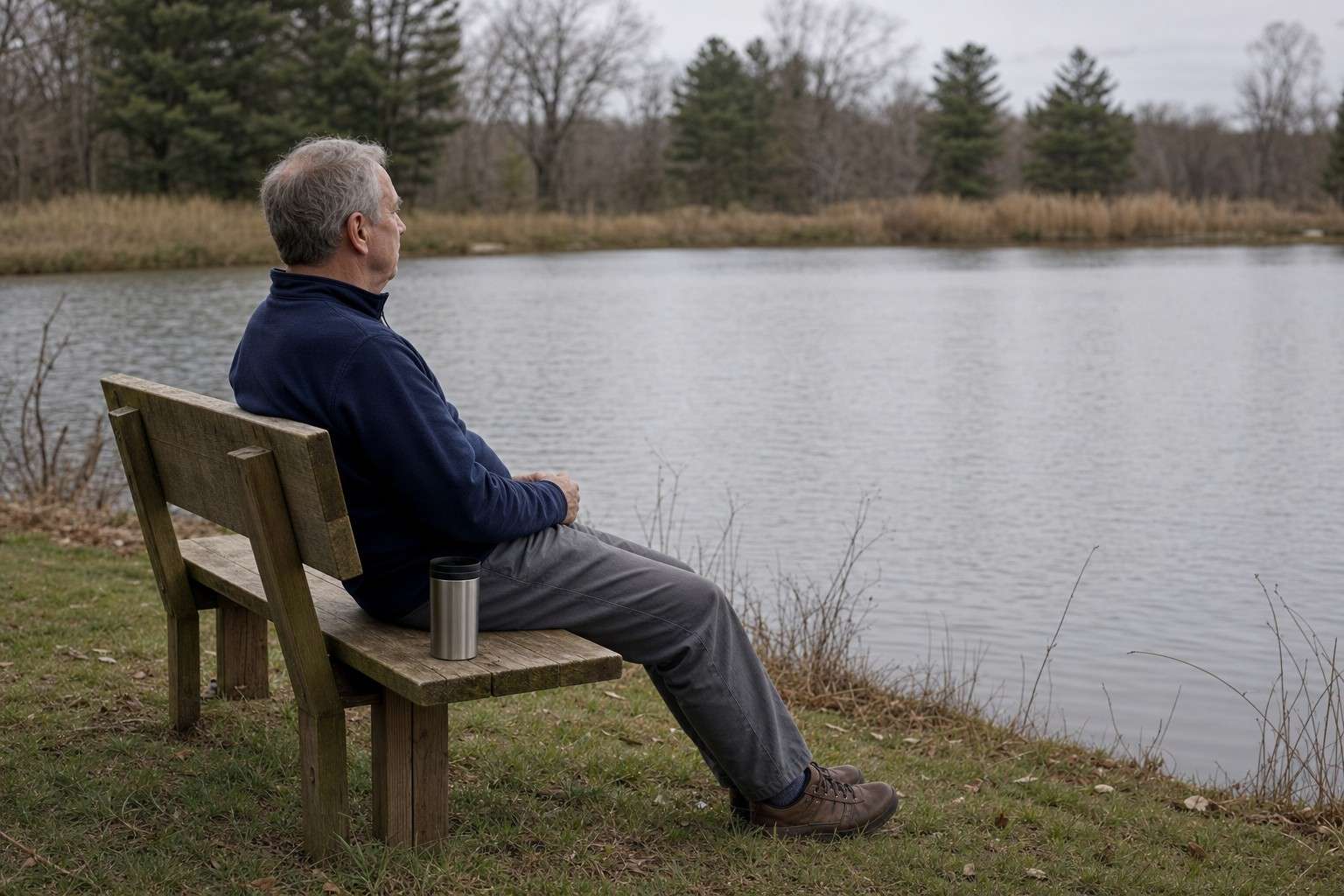 An older man sitting calmly on a bench by a quiet pond, relaxed and looking out at the water