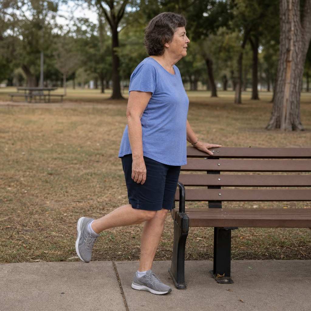 An older adult practicing a single-leg balance hold at a park bench