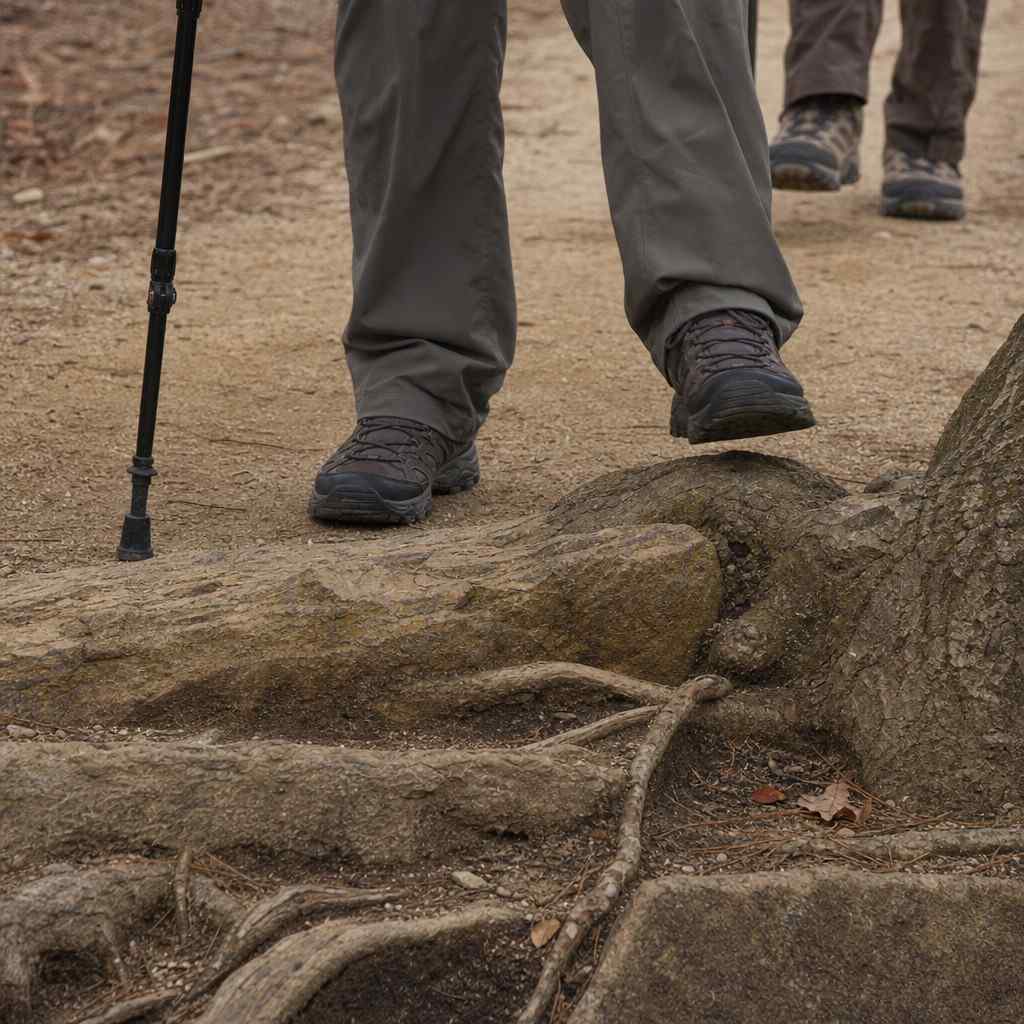 Tree roots and a rocky step crossing a woodland path, walking shoes approaching