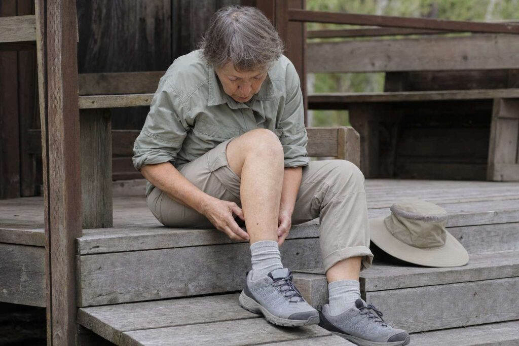 An older walker seated on a porch step checking their sock and pant leg after a walk