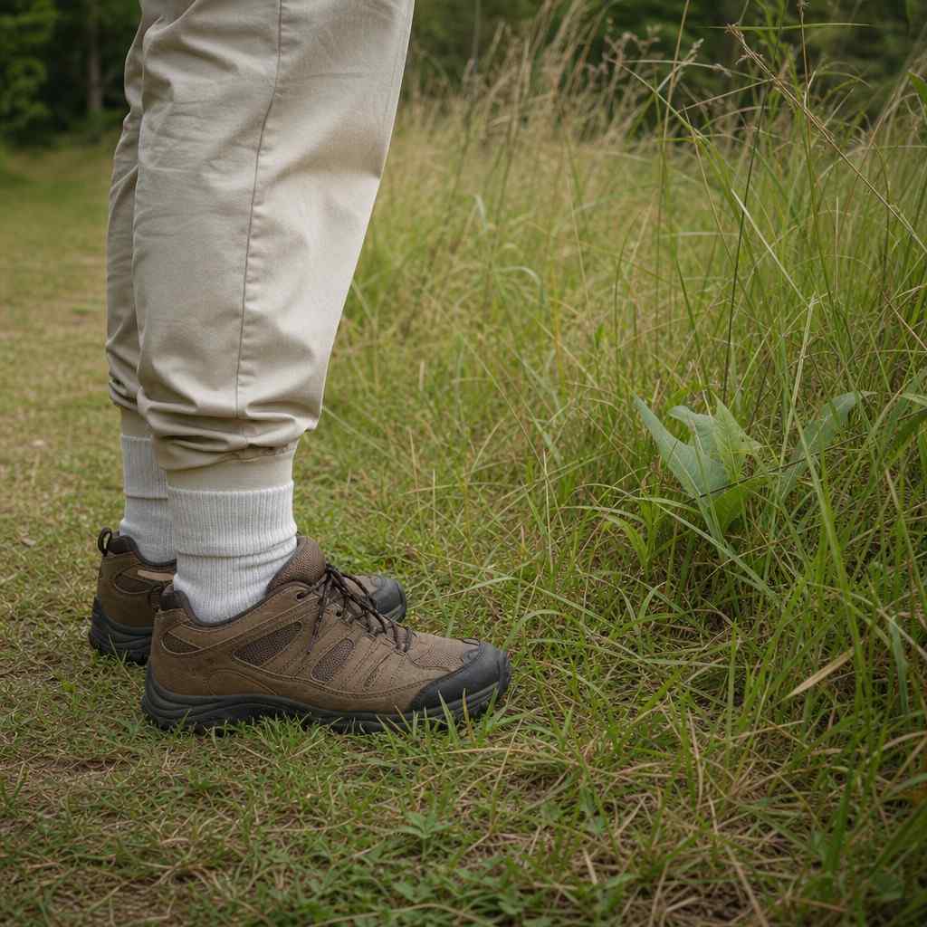 Light-coloured pant legs tucked into socks on a grassy path edge