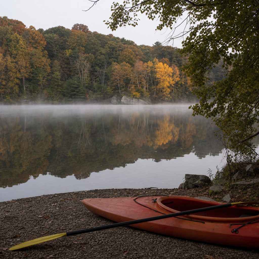 Morning mist lying over a calm lake with a kayak pulled up on the gravel shore