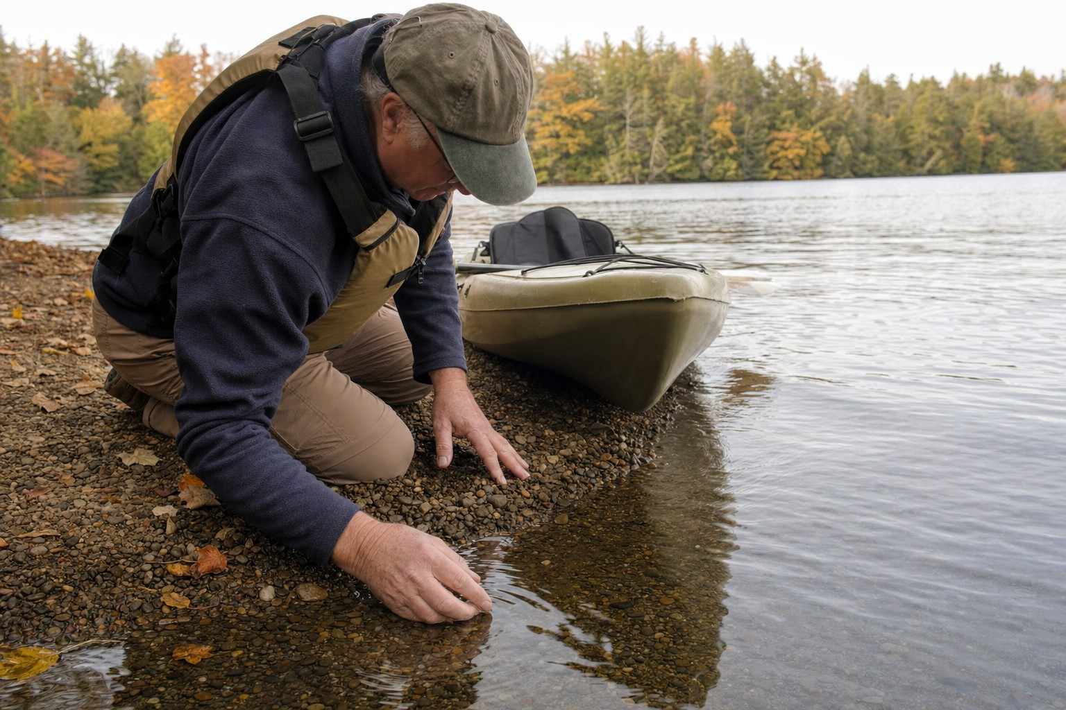 A hand dipped into still lake water beside the bow of a beached kayak in autumn