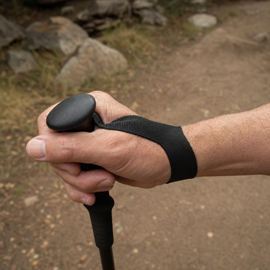 A hand coming up through a trekking pole wrist strap with the forearm held level