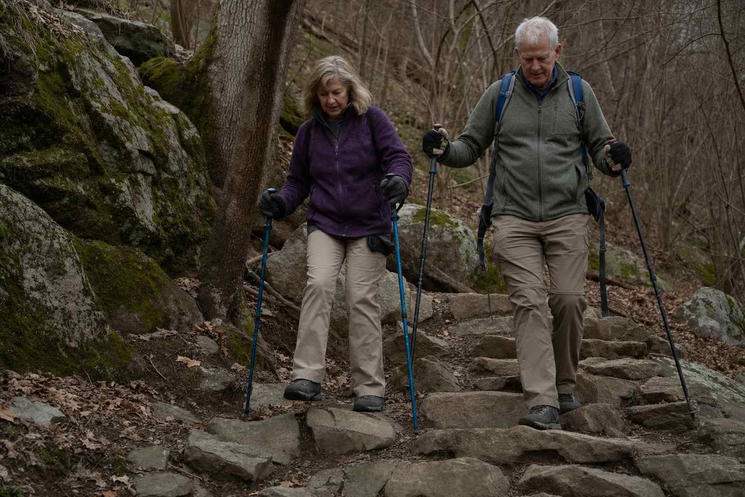 Two hikers using trekking poles to walk down a rocky section of trail