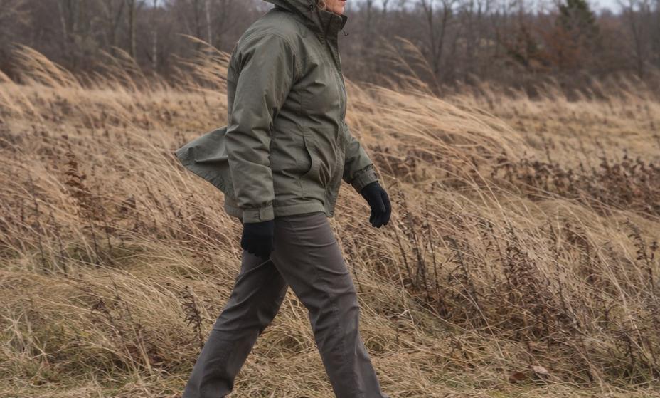 A walker turning their shoulder into the wind on an exposed open path