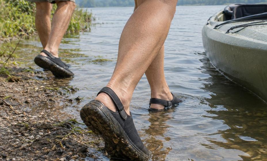 Worn water shoes stepping off a muddy gravel launch into shallow water