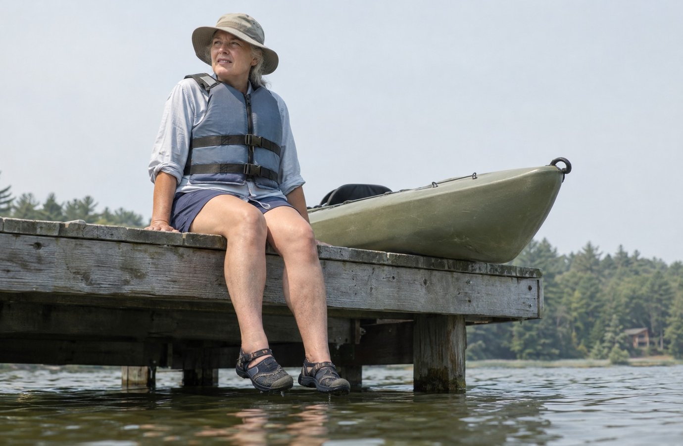 A paddler in an ordinary long-sleeved shirt, life jacket and water shoes sitting on a dock beside a rental kayak