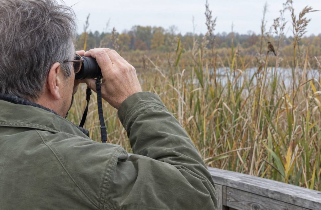 Over-the-shoulder view of an older birder raising a small pair of binoculars toward reeds from a marsh boardwalk