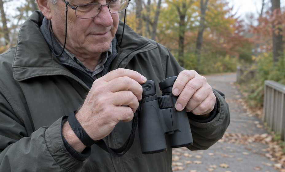 A birder wearing glasses twisting down the eyecups of a pair of binoculars