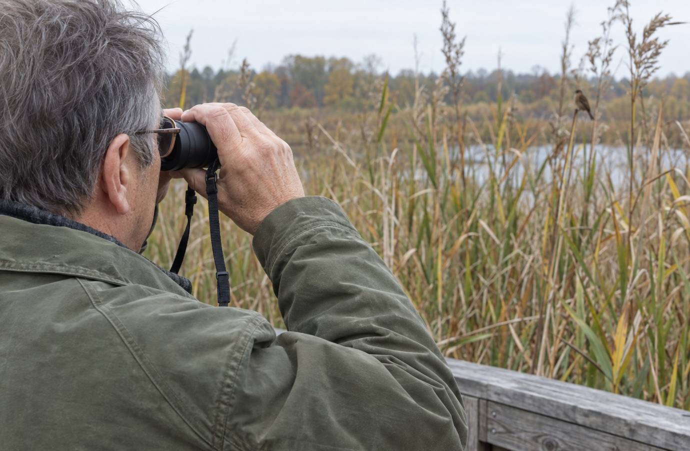 Over-the-shoulder view of an older birder raising a small pair of binoculars toward reeds from a marsh boardwalk