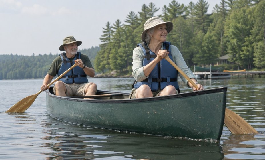 Two paddlers in a canoe on a calm lake, one in the bow and one in the stern