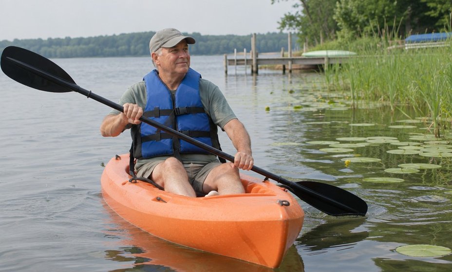 An older paddler in a recreational kayak using a double-bladed paddle near a lakeshore