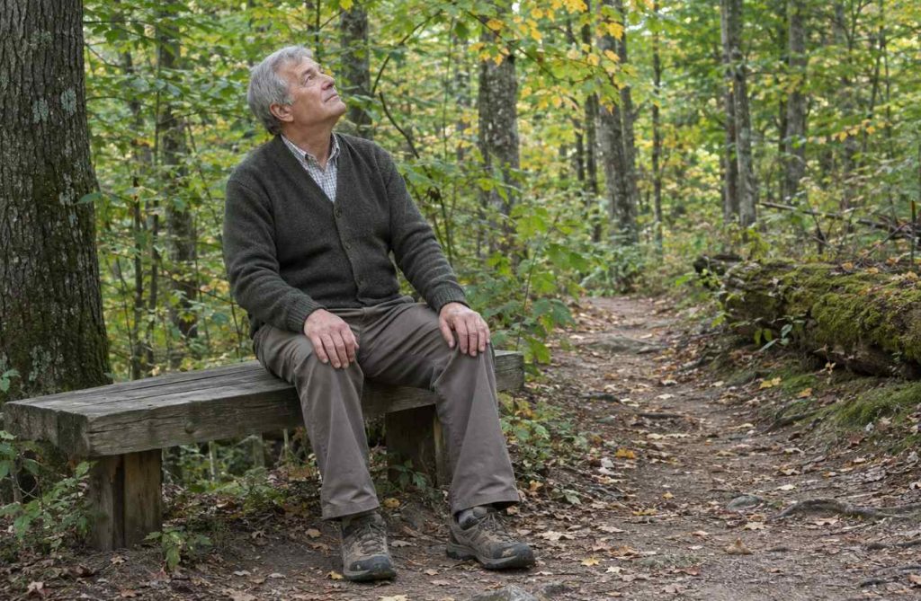An older adult sitting quietly on a simple trailside bench in a hardwood forest, looking up into the trees