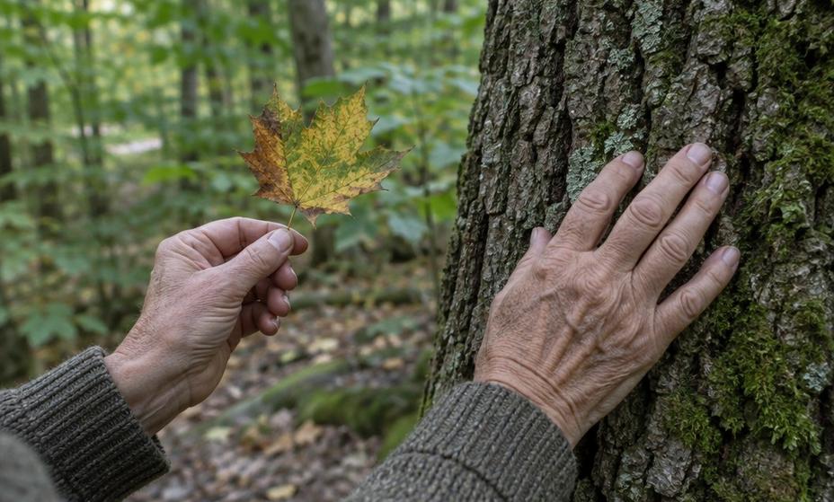 Hands holding a fallen leaf and touching the bark of a tree on a forest walk