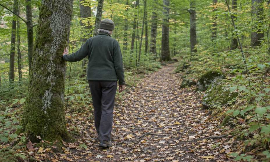 A walker moving slowly along a level forest path, pausing beside a mossy trunk