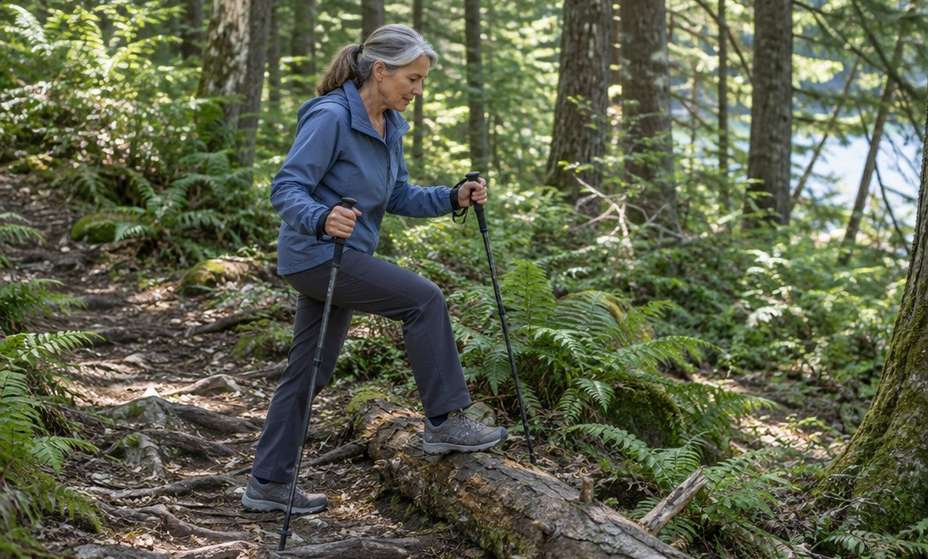 A woman in her sixties uses two plain trekking poles to step over a low log on a forest trail.