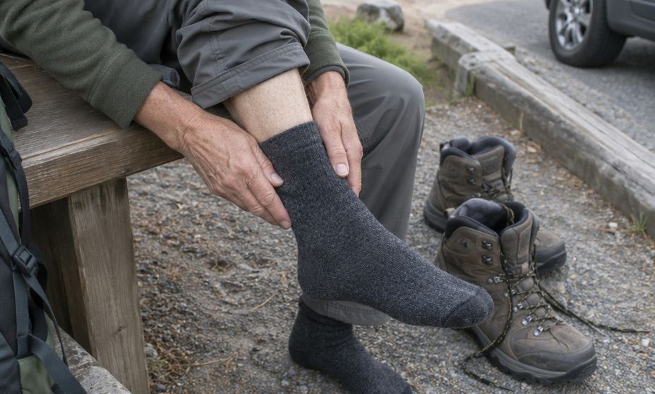 Hands smoothing a wool sock at the heel to check it sits without folds