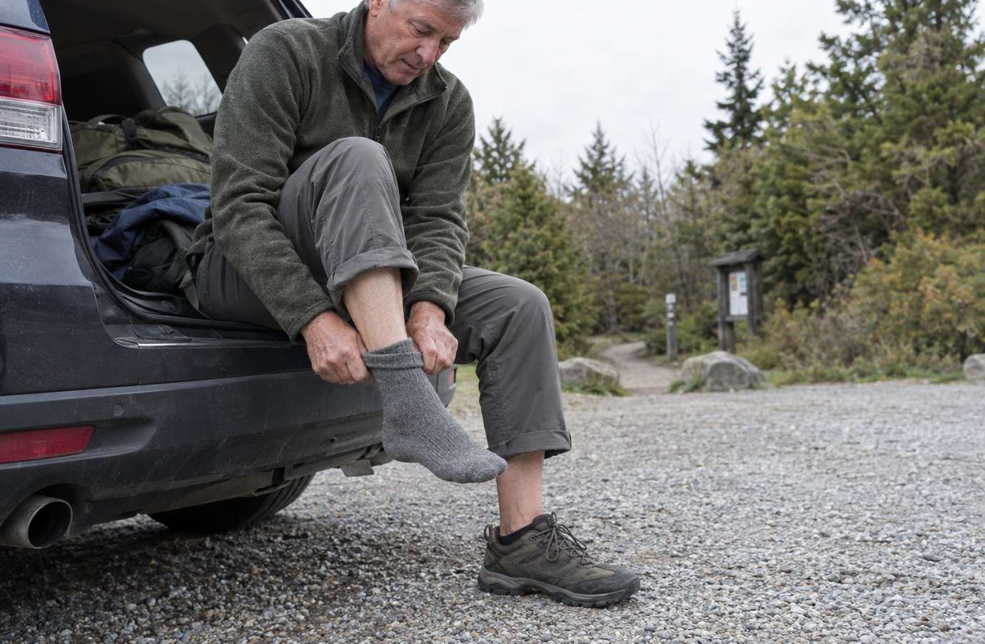 An older hiker sitting on a car tailgate at a trailhead pulling on a gray wool hiking sock before a walk