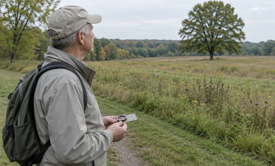 A hiker holding a compass level at waist height and looking ahead along the direction of travel