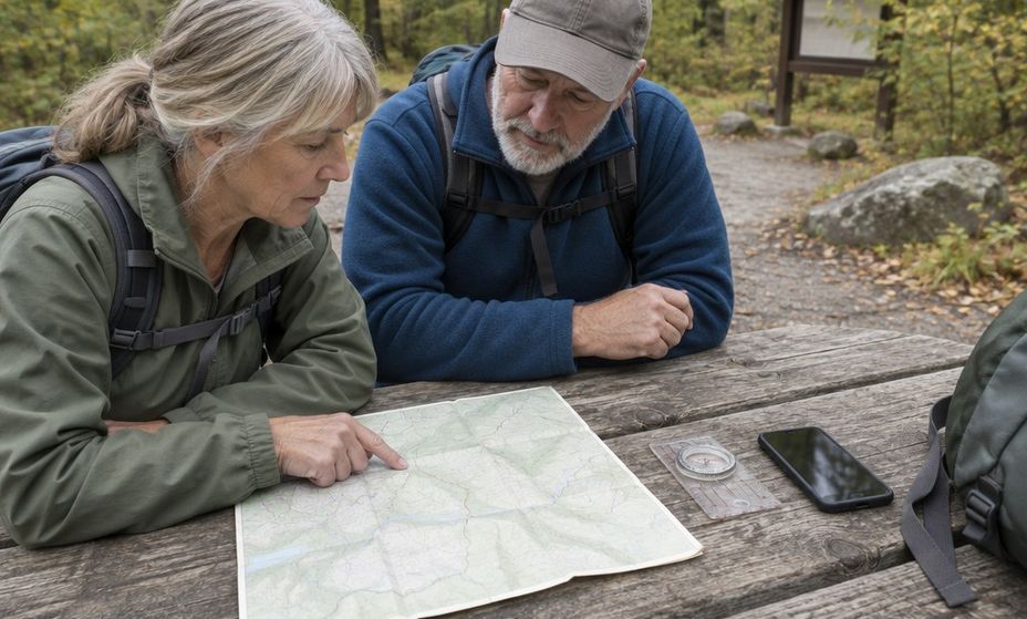 A paper map, a compass and a phone laid out together on a picnic table before a hike