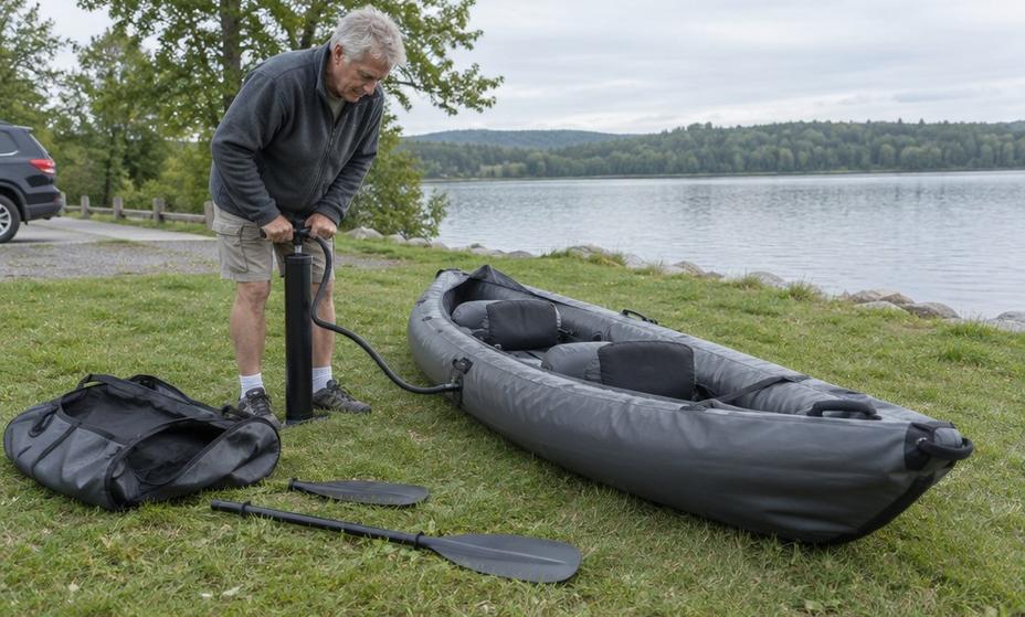 An older paddler pumping up a two-seat inflatable kayak on the grass beside a lake
