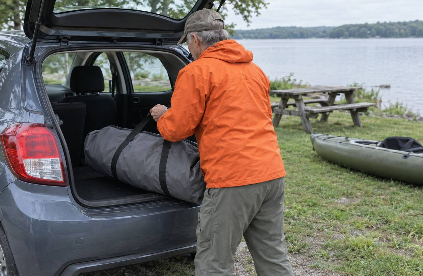 An older adult lifting a packed inflatable kayak bag out of the trunk of a small car at a lakeside parking area