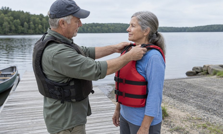 A helper lifting a paddler's life vest at the shoulders to check it does not ride up