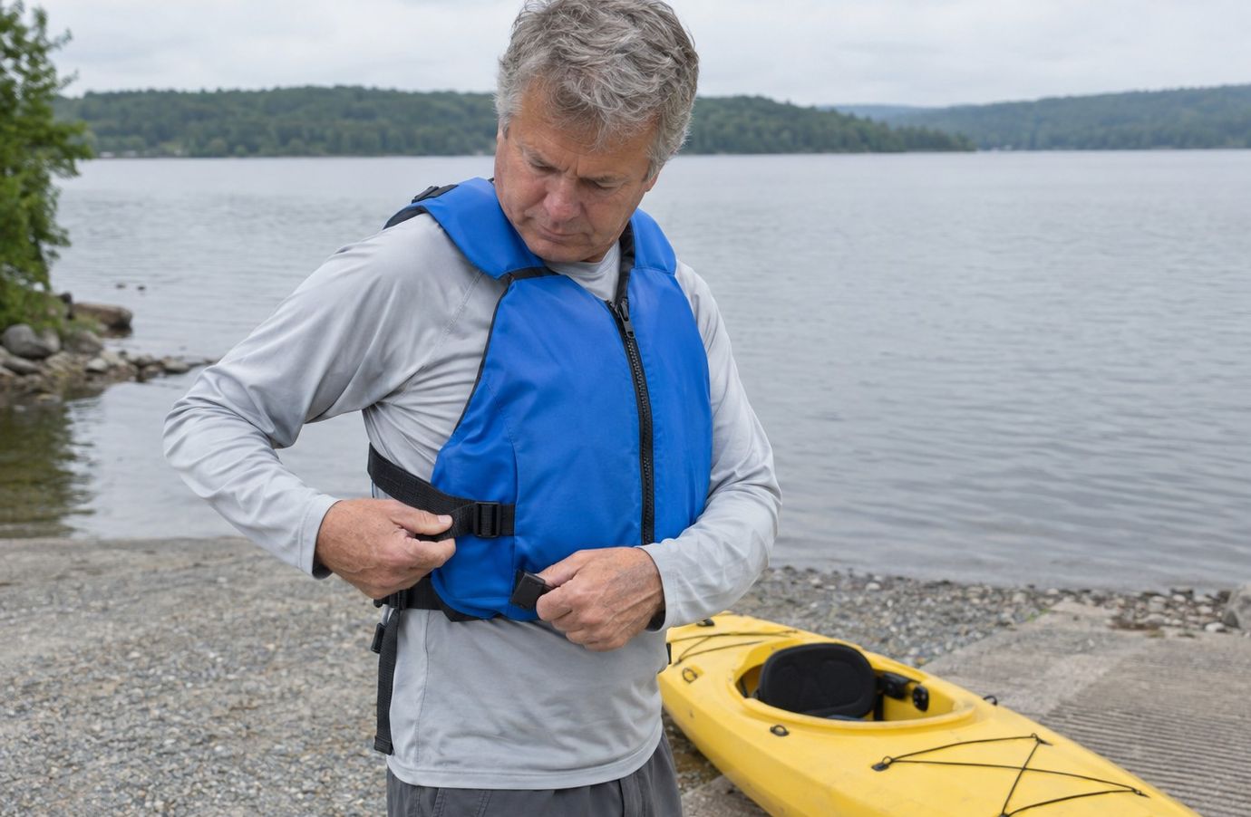An older paddler at a lake boat ramp tightening the side straps of a paddling life vest beside a kayak