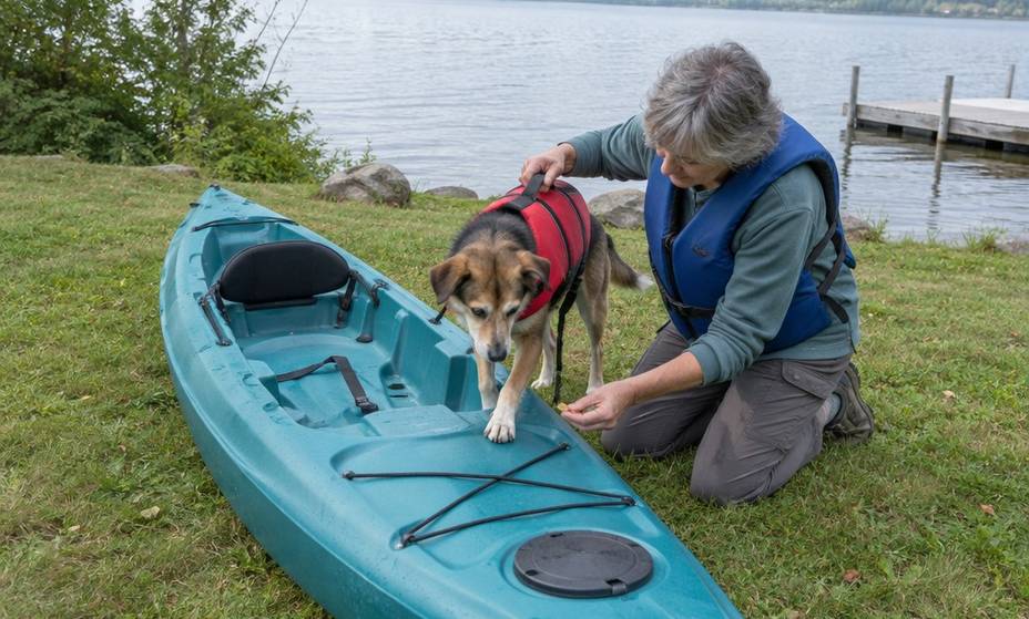 A dog in a life jacket stepping onto a kayak resting on grass while its owner holds a treat