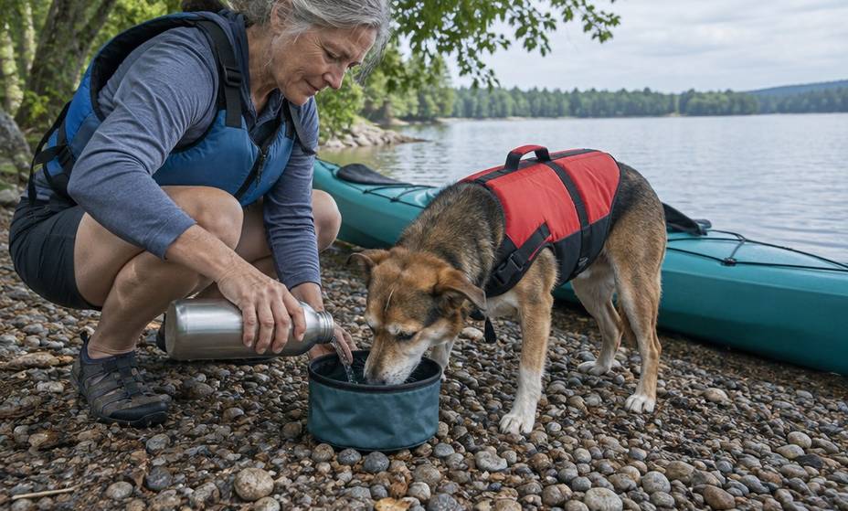 A paddler pouring water into a collapsible bowl for a dog in a life jacket on a shaded shore