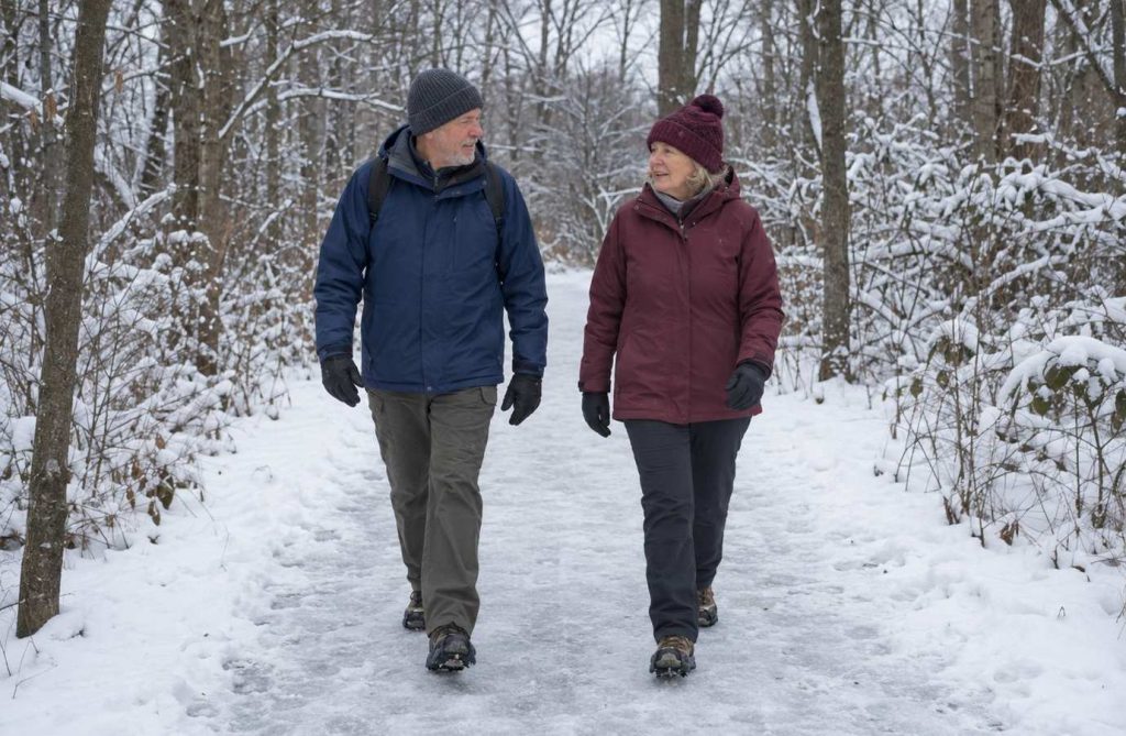 Two older walkers in winter coats walking toward the camera on a packed-snow woodland trail with icy patches