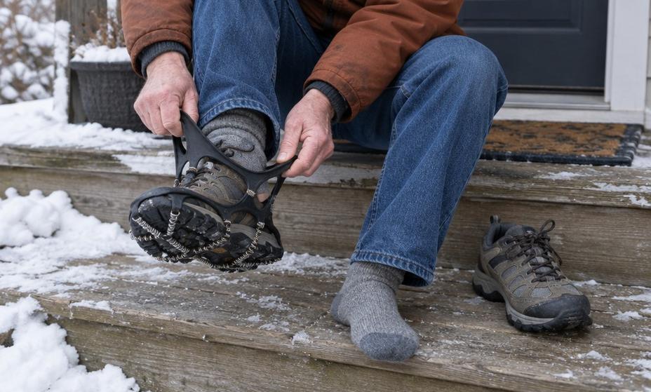 A walker sitting on a porch step pulling rubber traction cleats off an ordinary shoe