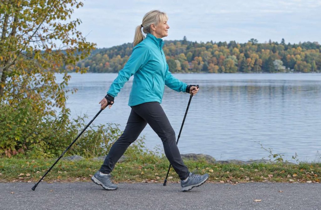 An older adult Nordic walking on a paved lakeside path, left arm forward and right pole planted behind